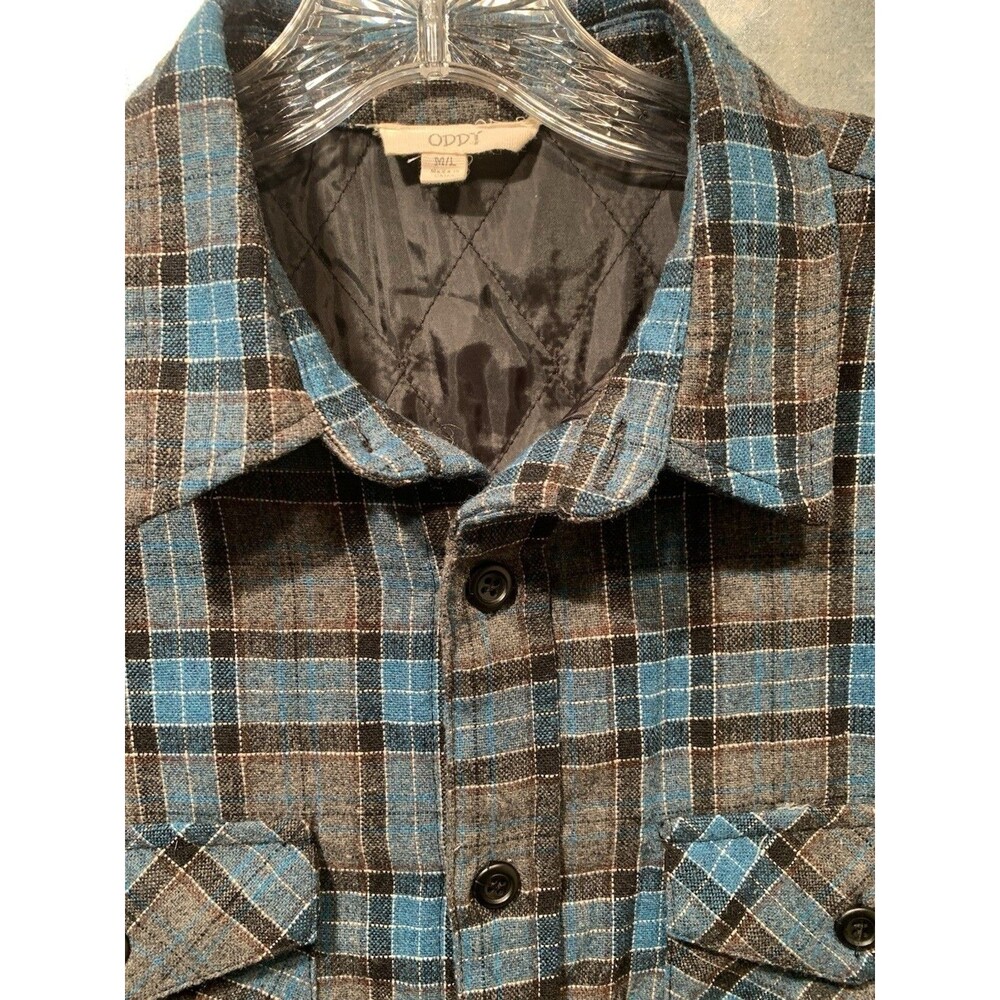 Heavy Flannel Plaid Shirt/Jacket Quilt Lined 4 Pocket Mens Large Blue/Gray Oddy